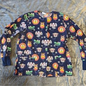 Small. Stretchy. Monkey, elephant, lion, alligator, giraffe scrub jacket